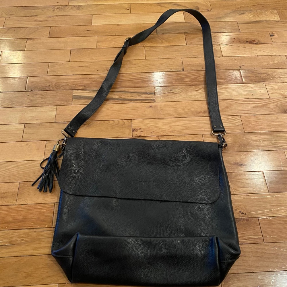 Leather Crossbody Shoulder Bag Black‎ Foldover Tassel Handcrafted